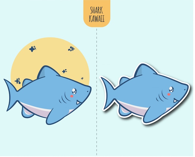 Hand drawn shark kawaii illustration with sticker design option