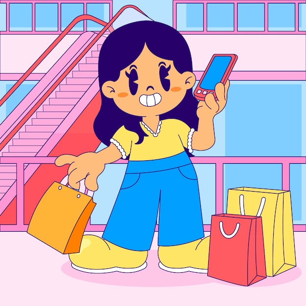 Hand drawn shopping cartoon illustration