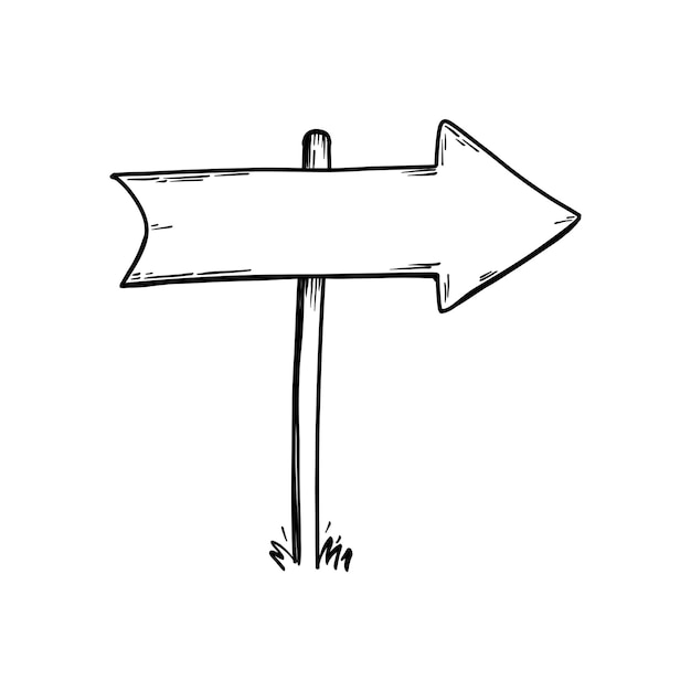 Hand drawn signboard Wooden direction sign sketch style Doodle drawing pointer empty placard copy space for text signpost with arrows way pointer information post vector isolated illustration