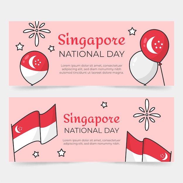 Vector hand drawn singapore national day banners set