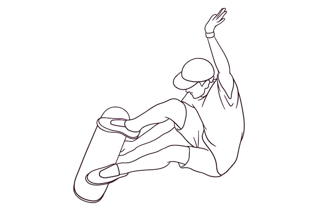 Hand drawn skateboarder doing jump trick illustration