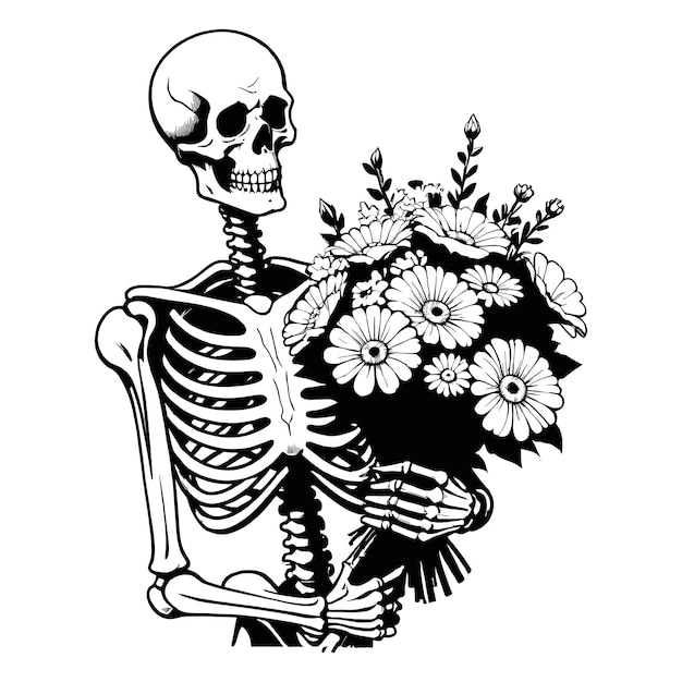 Vector hand drawn skeleton with bouquet of flowers illustration