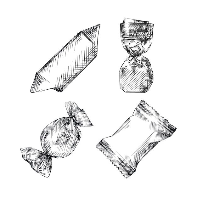 Hand-drawn sketch of candies in various wrappers on a white background. Round wrapper, envelope wrapper, square wrapper, bow wrapper