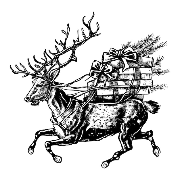 Hand drawn sketch Christmas deer with gifts