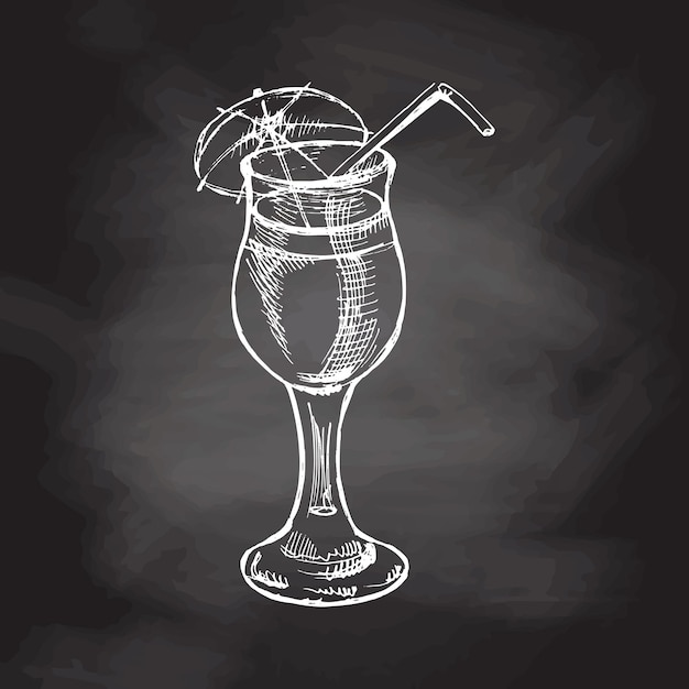 Hand drawn sketch of cocktail with straw and umbrella isolated on chalkboard background