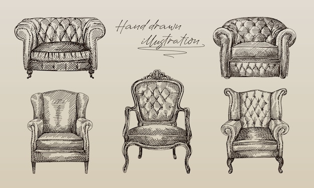 Hand-drawn sketch of collection of 5 armchairs of antique period. Chesterfield leather armchair with quilted and long backrest. Armchair of the antique period. Vintage armchair.