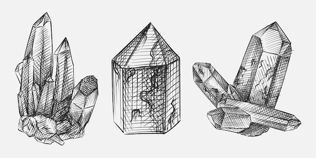 Hand-drawn sketch of Crystals set. The set includes crystals in different forms and shapes - hexagonal crystal, crystal of dogtooth spar, nailhead spar, and combined forms.