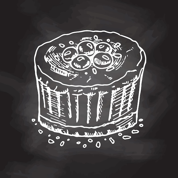 Hand drawn sketch of Delicious Cake With blueberries, White sketch isolated on black chalkboard