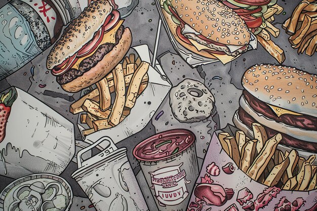 Vector hand drawn sketch doodle of fast food items in the style of light silver and light pink screenshotsa