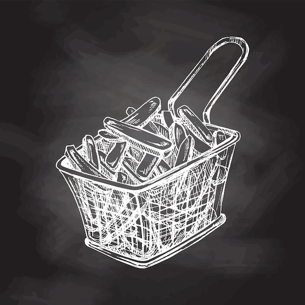 Hand drawn sketch of french fries in metal mesh container isolated on chalkboard background