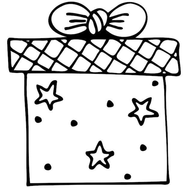 Hand-drawn sketch of a gift box with stars and dots on a white background Present tied with a ribbon