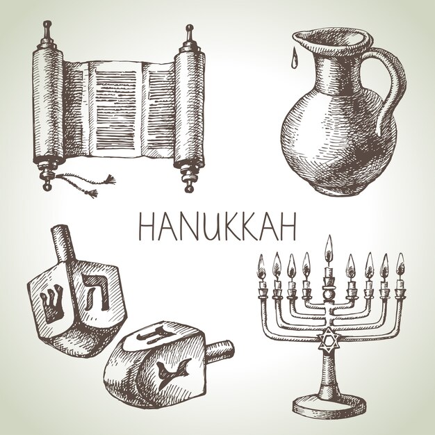 Vector hand drawn sketch hanukkah elements set. israel festival objects and symbols.  illustration