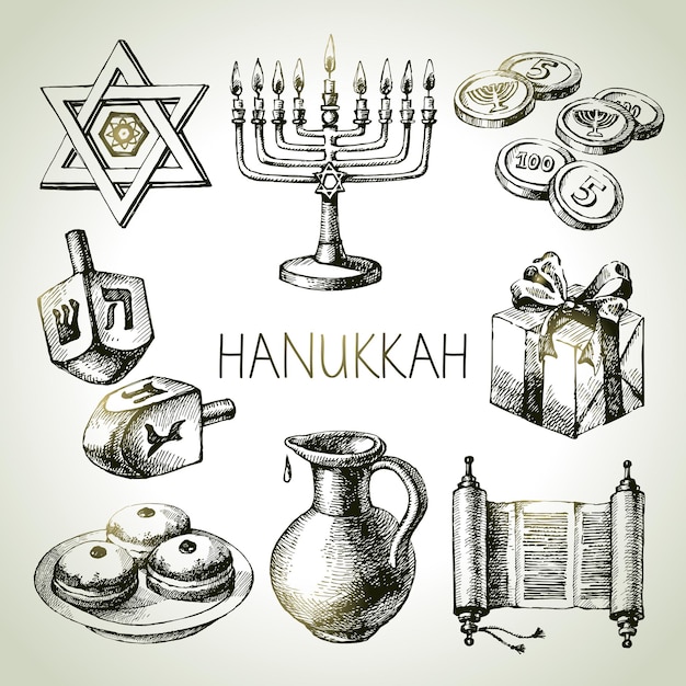 Vector hand drawn sketch hanukkah elements set israel festival objects and symbols vector illustration