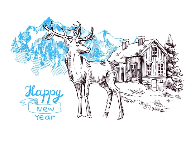 Hand drawn sketch illustration christmas landscape with house spruce and deer Us for postcard card invitations and christmas decorations