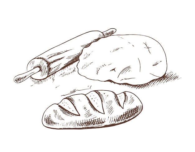 Hand drawn sketch illustration of dough rolling pin flour and loaf of bread, Sketch  bakery element