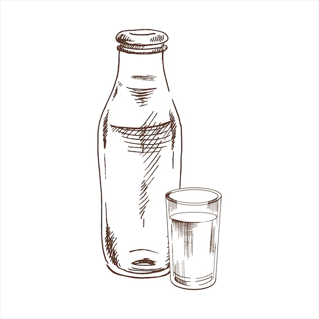 A hand-drawn sketch illustration of a milk bottle and a glass, Element for  labels packaging