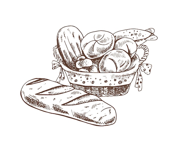 Hand drawn sketch illustration of wicker basket with bread and loaf of bread, Sketch  bakery element