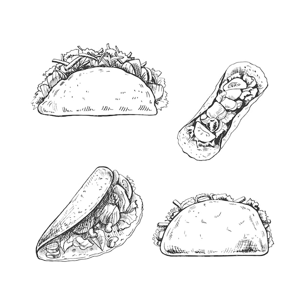 Hand drawn sketch illustrations of traditional mexican tacos in top and front or perspective view