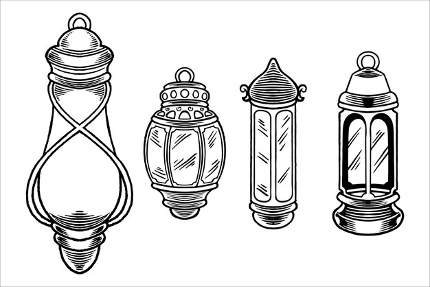 Vector hand drawn sketch of lanterns as islamic ornaments element in black white monochrome style