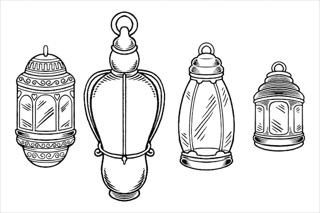 Hand drawn sketch of lanterns as islamic ornaments element in black white monochrome style