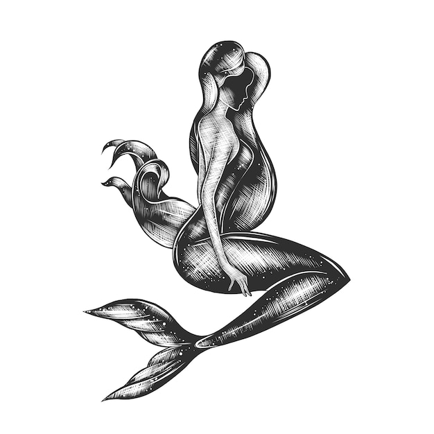 Hand drawn sketch of mermaid in monochrome