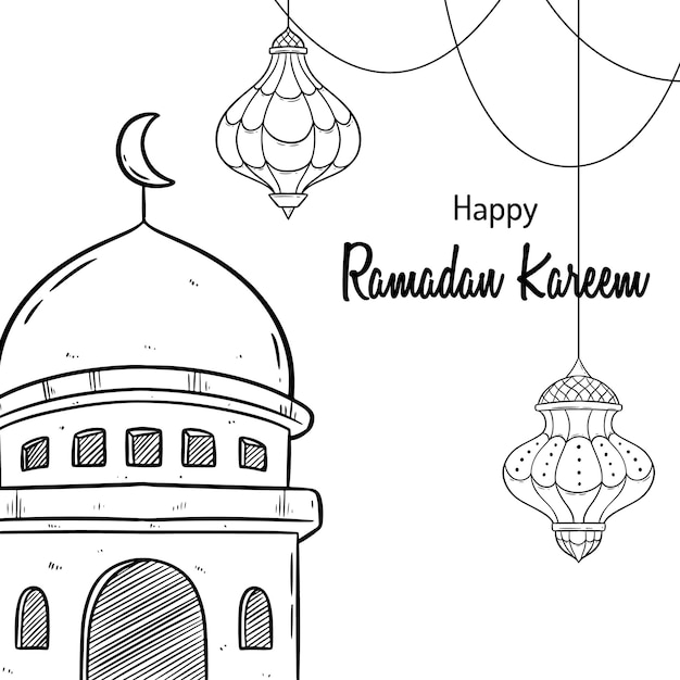 Hand drawn sketch of mosque tower with ramadan lantern