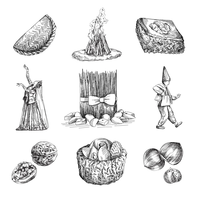 Hand-drawn sketch of Novruz holiday attributes. Shekerbura, Pakhlava, Samani, Hat full of pastries, Girl dancing in national clothes, Kosa, Nuts, Wallnuts, Hazelnut