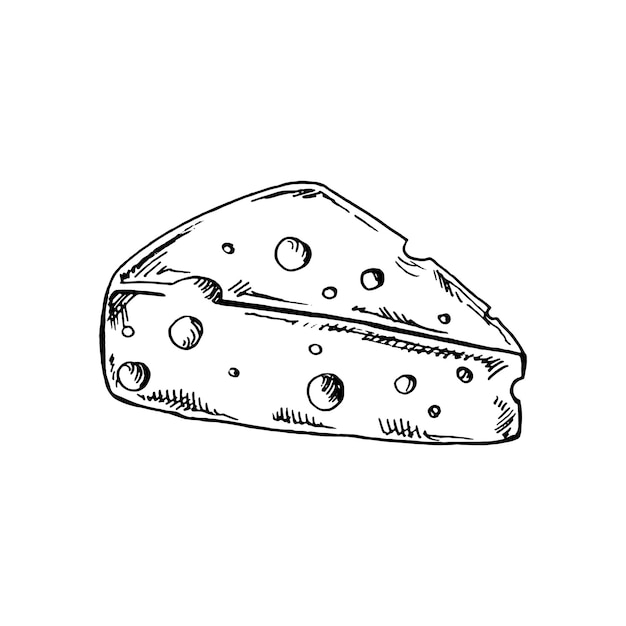 Hand drawn sketch piece of cheese, black and white vintage illustration, Isolated object