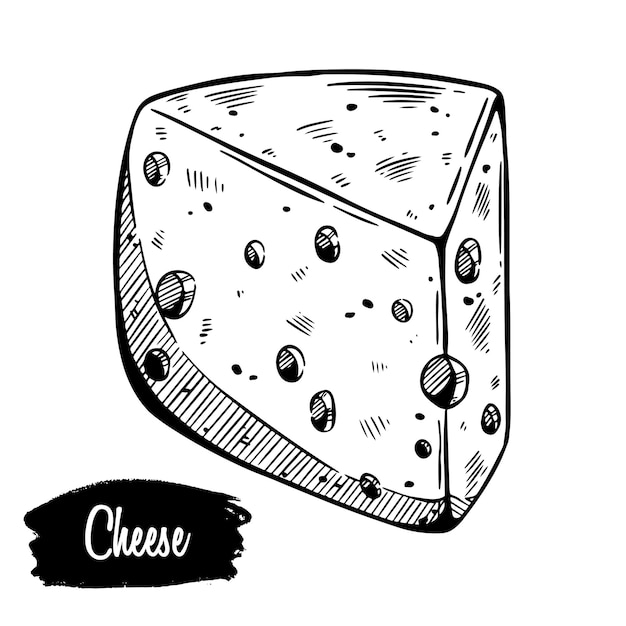 Hand drawn sketch piece of cheese Vector black and white vintage illustration