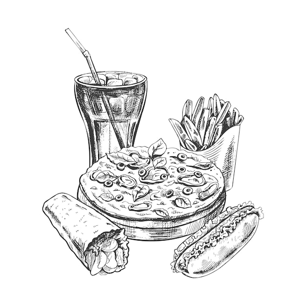 Hand drawn sketch of pizza cola glass burrito french fries and hot dog isolated Monochrome