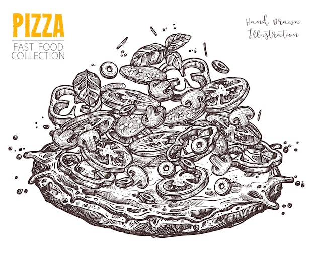 Hand drawn sketch pizza with salami and vegetables. Italian dish whole pizza with different ingredients in engraved vintage style