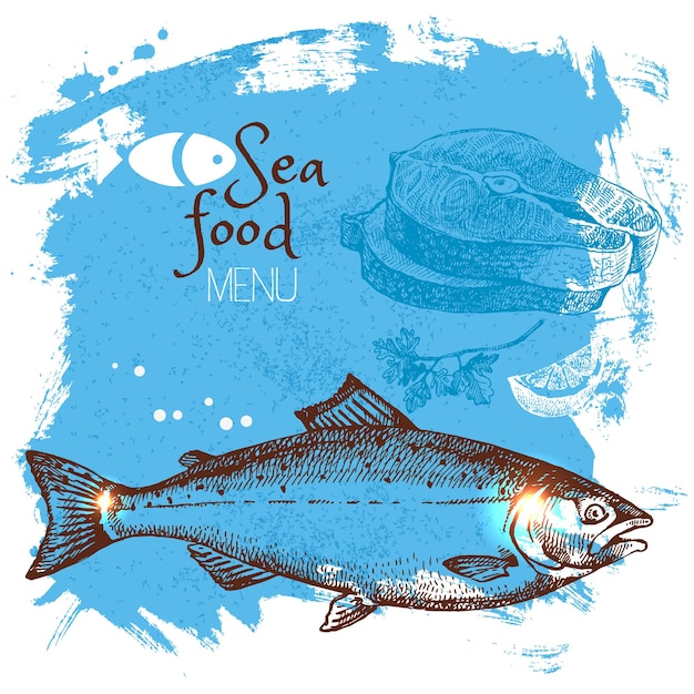 Hand drawn sketch seafood vector illustration Sea poster background Menu design