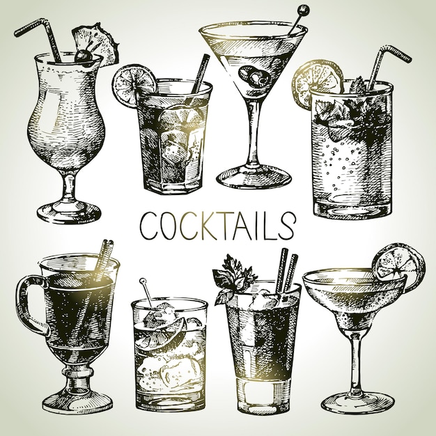 Hand drawn sketch set of alcoholic cocktails Vector illustration