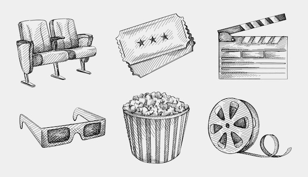 Hand-drawn sketch set of Cinema industry. Going to the cinema. Watching a movie. 3d glasses, two cinema seats, film tape, Clapperboard, two movie tickets, large popcorn cup