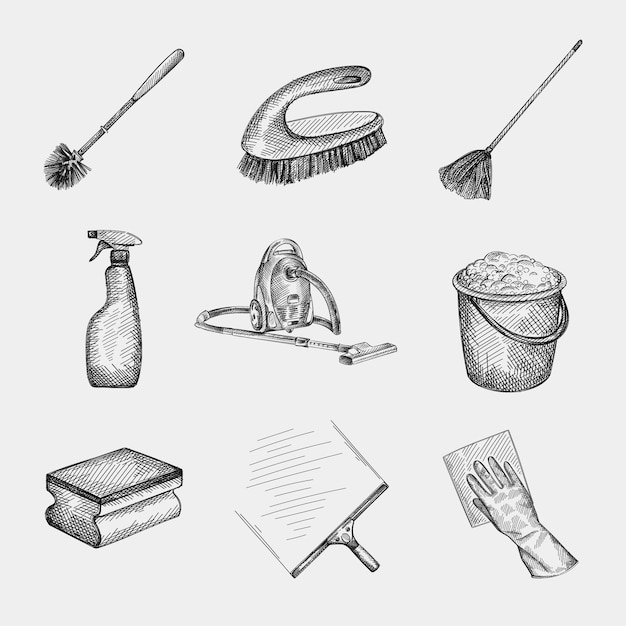 Hand-drawn sketch set of Cleaning equipment. Housekeeping and house work. Butterfly Floor Mop, Glass Window Wiper, rag and glove, Sprayer, professional sponge, cleaning brush, toilet brush