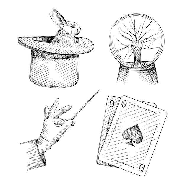 Hand drawn sketch set of magician attributes. Focus, magician, magic, circus, illusion of deception. Wizard's hand with a wand, Fantastic Magic Plasma Ball, magic cards, rabbit in a magician hat