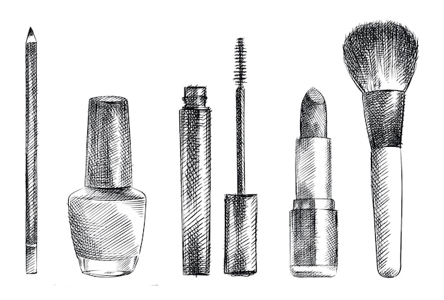 Vector hand-drawn sketch set of make-up and cosmetics tools. set includes pencil for eyebrows, mascara tube, mascara brush, lipstick, powder brush, nail polish tube