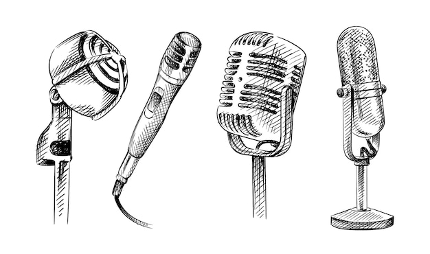 Hand drawn sketch set of Microphones.