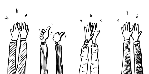 Hand Drawn sketch style of applause, thumbs up gesture. Human hands clapping ovation. on doodle style, vector illustration.