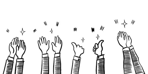 Hand Drawn sketch style of applause, thumbs up gesture. Human hands clapping ovation. on doodle style, vector illustration.