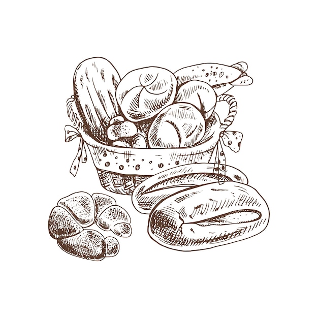 Hand drawn sketch style bakery set wicker basket with bread bagel and bun, Sketch bakery element