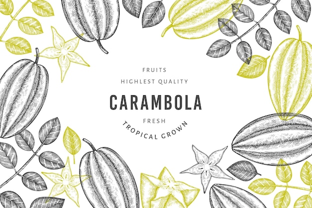 Hand drawn sketch style carambola banner. Organic fresh fruit  illustration. Retro fruit  template