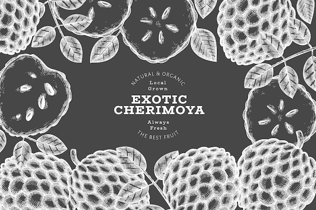 Hand drawn sketch style cherimoya banner. Organic fresh fruit vector illustration on chalk board. Botanical design template.