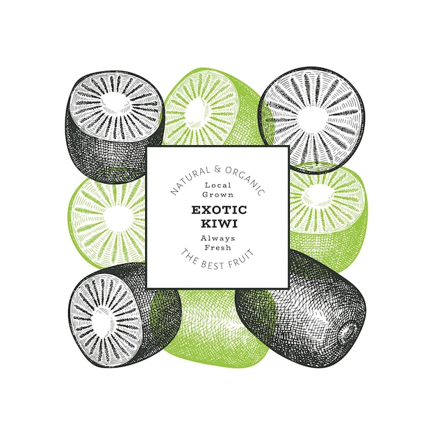 Hand drawn sketch style kiwi banner. Organic fresh fruit vector illustration. Retro kiwi fruit design template