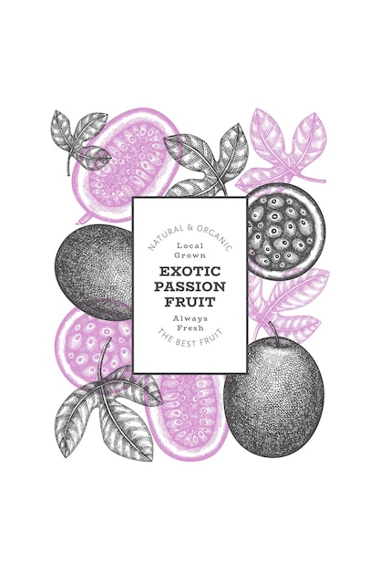 Hand drawn sketch style passion fruit banner. Organic fresh fruit vector illustration. Retro exotic fruit design template