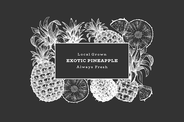 Hand drawn sketch style pineapple banner. Organic fresh fruit vector illustration on chalk board. Botanical design template.