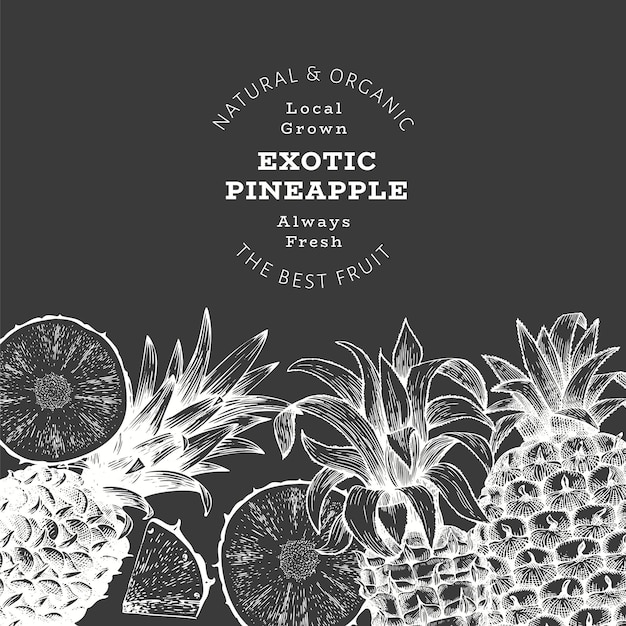 Hand drawn sketch style pineapple banner. Organic fresh fruit vector illustration on chalk board. Botanical design template.