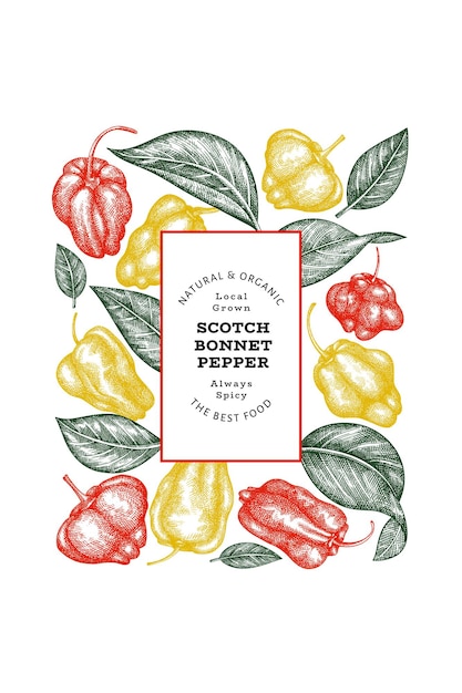 Hand drawn sketch style scotch bonnet pepper banner. Organic fresh vegetable vector illustration. Retro cayenne pepper design template