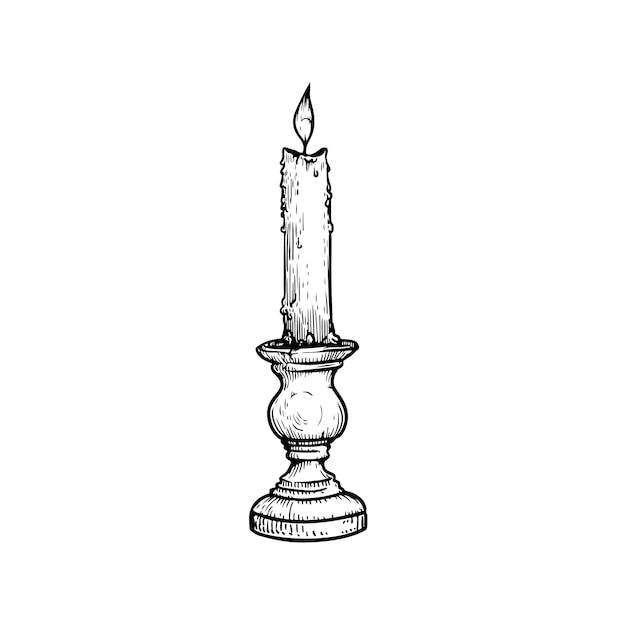 Vector hand drawn sketch style vintage candlestick with burning candle retro engraved vector illustration