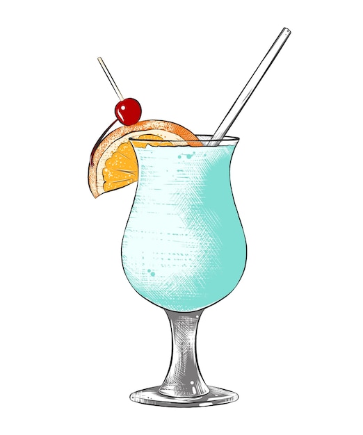 Hand drawn sketch of summer cocktail colorful isolated on white background